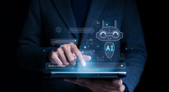 Businessman use AI to help work, AI Learning and Artificial Intelligence. Business, modern technology, internet and networking concept. AI technology in everyday life. A.I., Chat AI, Generative Ai,