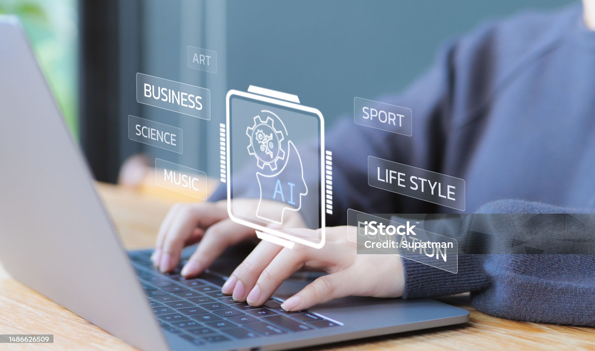 Woman use AI to help work or use AI everyday life at home. AI Learning and Artificial Intelligence. Business, modern technology, internet and networking concept. A.I., Chat AI, Generative Ai, Generative AI Model Stock Photo