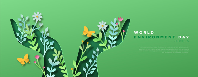 World Environment day web template papercut illustration of green people hands with 3d paper craft nature decoration and copy space. June 5 ecology care celebration.