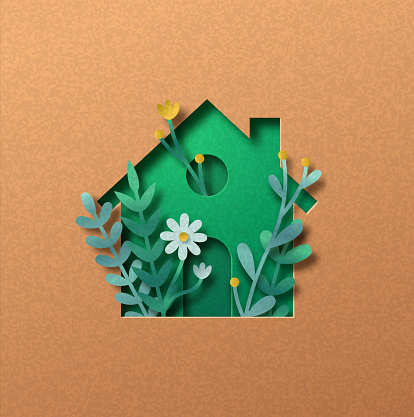 Eco house papercut illustration concept with green leaf and flower garden inside. 3D clean energy home cutout craft in recycled paper background. Sustainable architecture or real estate design.