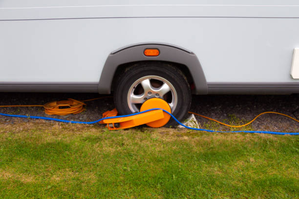 Close up shot of caravan wheel with yellow wheel clamp on it, protecting the caravan against being stolen whilst on Caravan Park. Close up shot of caravan wheel with yellow wheel clamp on it, protecting the caravan against being stolen whilst on Caravan Park. car boot stock pictures, royalty-free photos & images