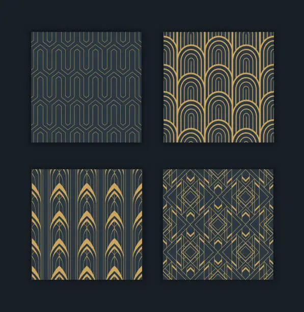 Vector illustration of Luxury art deco seamless pattern gold black set