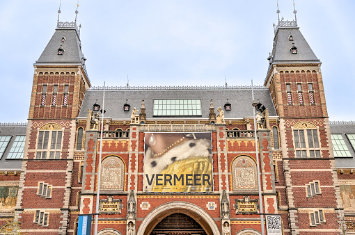 Amsterdam, Netherlands - Marc h 29, 2023: Exterior of the Rijksmuseum in Amsterdam during the Vermeer exhibition