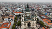 Aerial view of Budapest city skyline and St. Stephen's Basilica, cloudy day, Hungary