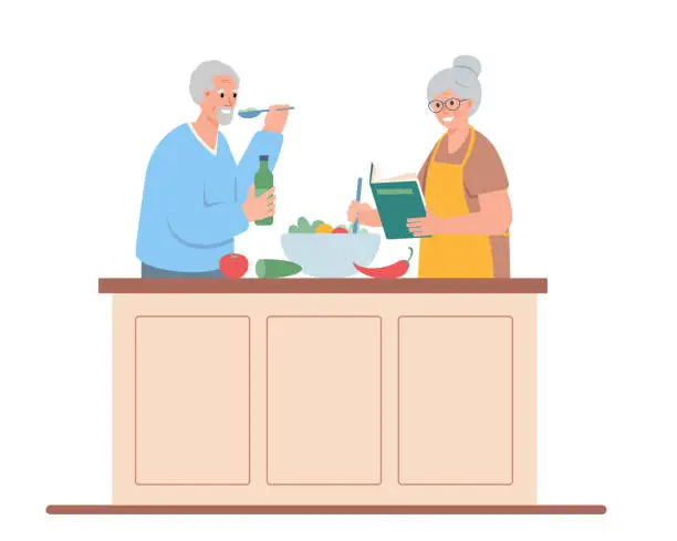 Vector illustration of Senior man and woman cooking. Elderly couple spending time together. Active lifestyle and hobby for grandparents.