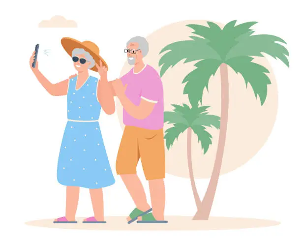 Vector illustration of Senior smiling man and woman with smartphone under palm trees. Couple of Elderly People taking selfie in summer.