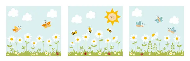 Vector illustration of Set of nature landscape  with bees, butterflies, ladybugs, grass, flowers, sun and clouds. Cute cartoon childish background.