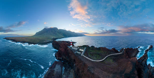 Aerial view of Punta de Teno Lighthouse and Los Gigantes cliffs, Tenerife stock photo