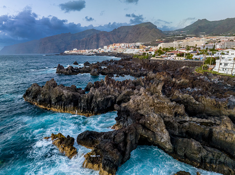 Aerial View of Charco El Diablo and Los Gigantes at dusk, Tenerife, Spain