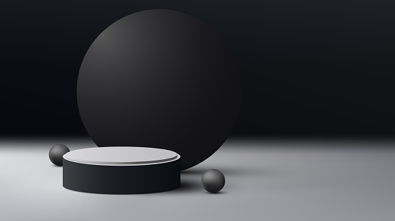 3D realistic empty black and white podium platform with circle backdrop decoration with balls on dark background minimal style . You can use for beauty cosmetic presentation, showcase mockup, showroom, product stand promotion, etc. Vector illustration