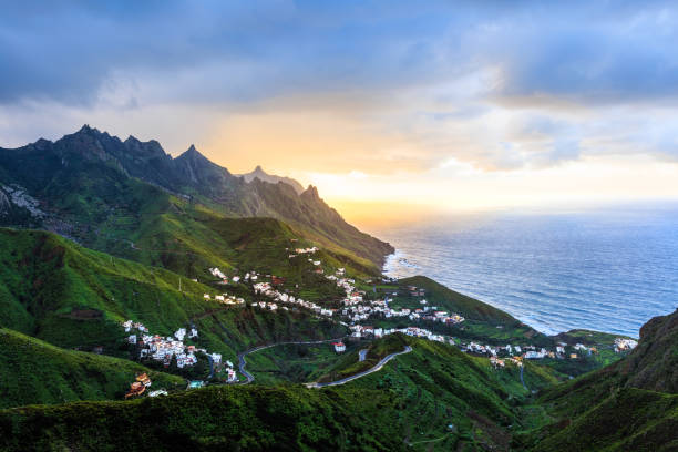 Aerial view of Taganana village at sunset, in Parque Rural De Anaga, Tenerife, Spain stock photo