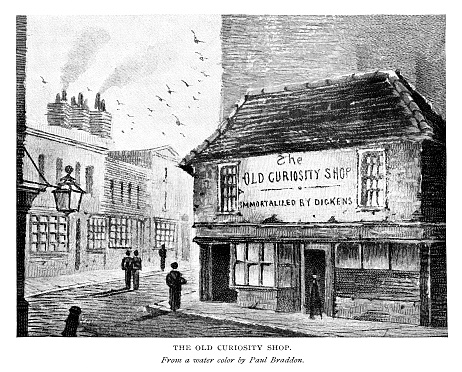 The Old Curiosity Shop in London, England, that inspired Charles Dickens to write a novel with the same name. Illustration published 1897. Original edition is in my private collection. Copyright is in public domain.