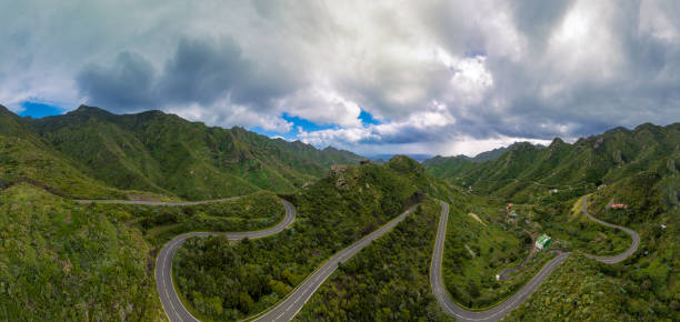 Aerial view of winding jungle road through Parque Rural De Anaga, Tenerife, Spain stock photo