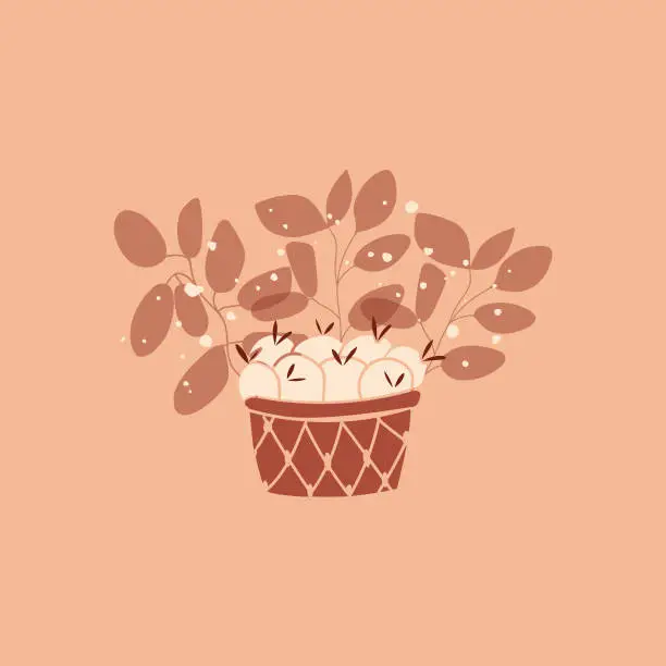 Vector illustration of Illustration of a Basket with Apples and Branches of Greenery in Shades of Nutmeg.