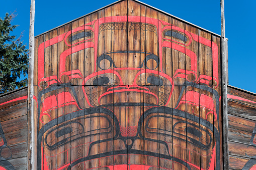 Traditional long houses and totem poles of the Gitxsan First Nations, Ksan historical village, British Columbia, Canada
