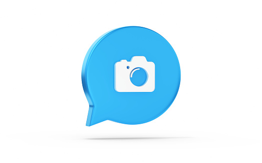 Picture 3d icon isolated on white landscape location background of blue speech bubble message photo image symbol concept or simple digital photograph media button sign and camera gallery folder album. stock photo