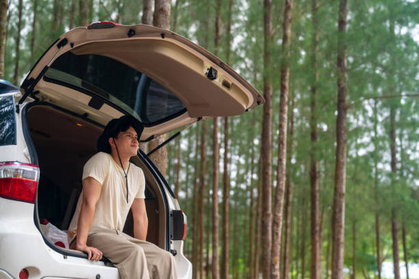 istock Asian man sitting on car trunk  in pine tree forest. 1486660248