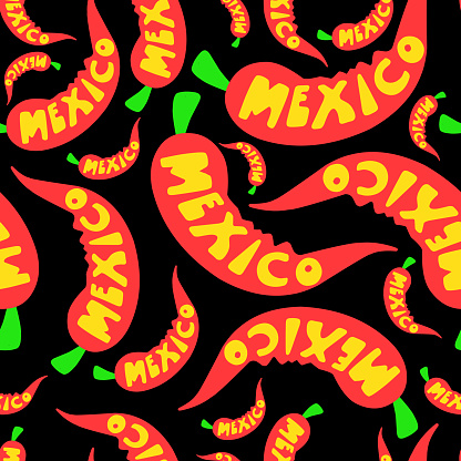 Red hot jalapeno pepper. chili pepper symbol of mexican cuisine. The inscription Mexico on the background of chili peppers. seamless pattern