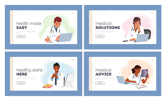 Young Doctor Landing Page Template Set. Male and Female Characters Seated At A Desk With Laptop, Studying And Analyzing Patient Data, Enhance Medical Knowledge. Cartoon People Vector Illustration