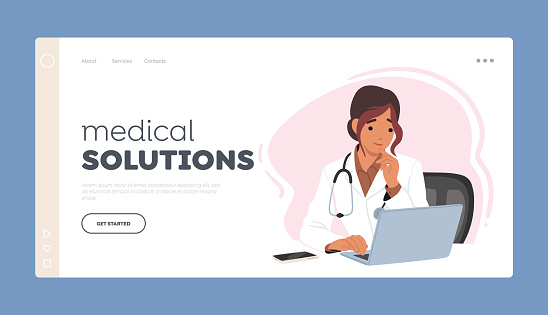 Medical Solutions Landing Page Template. Young Female Doctor Character Sitting At Desk, Typing On Laptop, Focused On Providing High-quality Patient Care. Cartoon People Vector Illustration