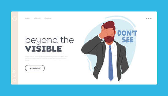 Beyond the Visible Landing Page Template. Mature Man Covering his Eyes Like Wise Monkey Do Not See Evil. Human Emotional Balance and Body Language. Cartoon People Vector Illustration