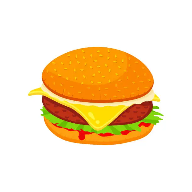 Vector illustration of Cheeseburger, American fast food, side view vector illustration. Cartoon big burger with BBQ beef steak under cheese, juicy tomato and lettuce inside sesame bun, yummy takeaway snack isolated