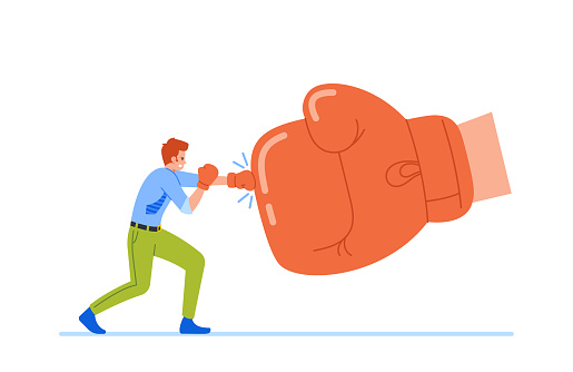 Employee Boxing With Giant Glove In Intense Fight, Exchanging Powerful Punches And Dodges In The Ring. Subordinate Male Character Fight with Boss Pressure. Cartoon People Vector Illustration