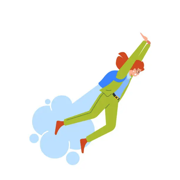 Vector illustration of Businesswoman Character In Struggle Pose With Outstretched Arms. Woman Wears A Jet Pack Representing Determination