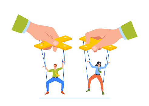 Boss Manipulator Control Marionettes Employees Hanging on Ropes. Male and Female Subordinate Characters Obey to Leader Puppeteer Master. Cartoon People Vector Illustration
