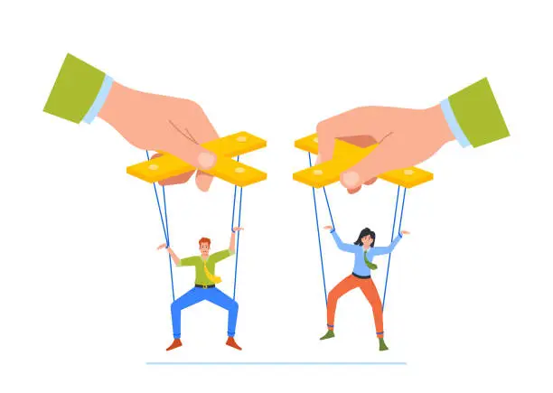 Vector illustration of Boss Manipulator Control Marionettes Employees Hanging on Ropes. Male and Female Subordinate Characters Obey