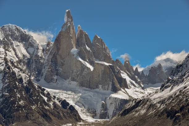 Impressive mountains and glaciers Cerro Torre, Torre Egger and Punta Herron at the andes of Patagonia, Argentina