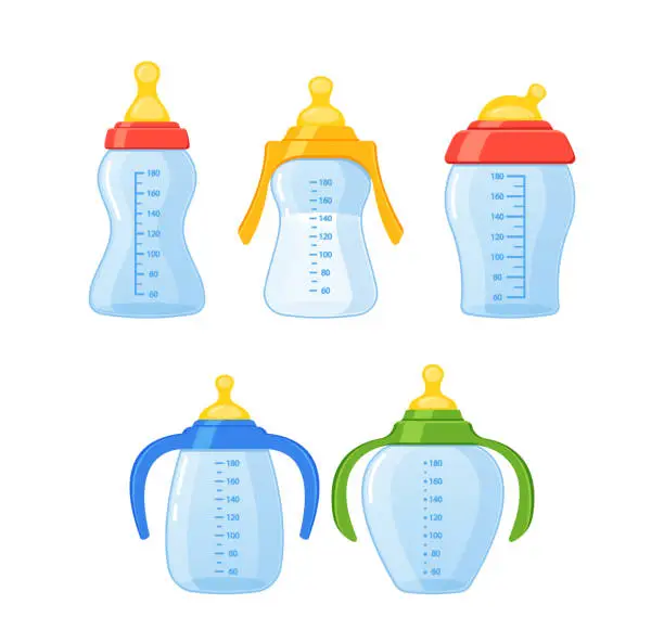 Vector illustration of Collection Of Colorful Baby Milk Bottles of Different Sizes and Shapes. Each Has A Nipple And Cap, Vector Illustration