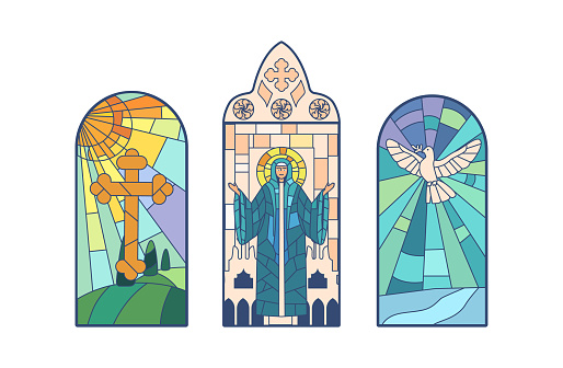 Stained Glass Windows Depict Cross, Saint Mary, And White Dove. Intricate Patterns And Vibrant Colors Create A Stunning Religious Scenes, Decorative Church Arched Windows. Cartoon Vector Illustration