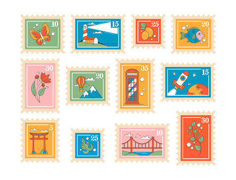 Set of Postal Stamps Featuring Variety Of Designs, Suitable For Collectors And Everyday Use, Includes Unique, Colorful Intricate Images of Flower, Fish, Beacon and Rocket. Cartoon Vector Illustration