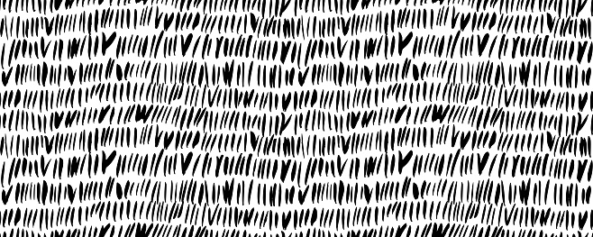 Field motif seamless pattern. Vertical short simple lines ornament. Grass seamless horizontal banner drawn with brush. Vector black ink illustration. Natural abstract ornament with vertical lines.