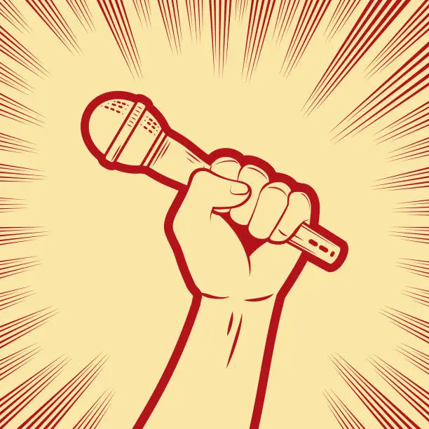 Vector illustration of A hand holding a microphone in the background with radial manga speed lines