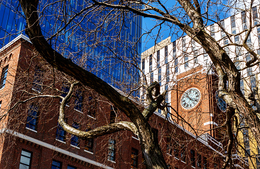 Cambridge, Massachusetts, USA - April 25, 2023: Close-up of old and new buildings in Kendall Square seen through tree branches. Kendall Square is an internationally recognized innovation district because of its high concentration of entrepreneurial startups. It is adjacent to the Massachusetts Institute of Technology (MIT) campus and has about 50,000 people who work in the area on a daily basis.