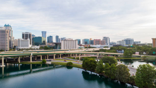 Aerial view of Downtown Orlando over the huge transport junction with highways, and multiple overpasses. stock photo