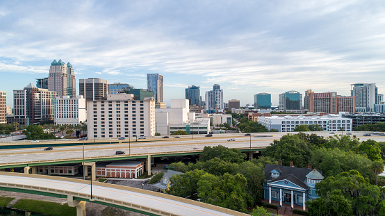 Ariel view of Downtown Orlando over the huge transport junction with highways, and multiple overpasses, Florida.