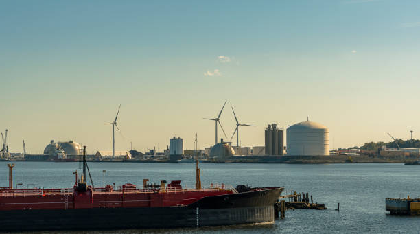 istock Providence River industrial view with big barge going along the river. 1486666256