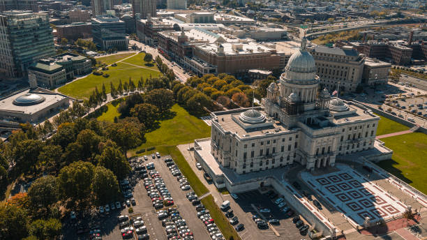istock Administative District on Capitol Hill with Rhode Island State House and Providence streets view from above. 1486666265