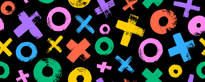 XOXO colorful seamless pattern. Bold brush drawn crosses and circles bright color banner. Abstract geometric background with tic tac toe. Grunge texture with symbols of zero and crosses.