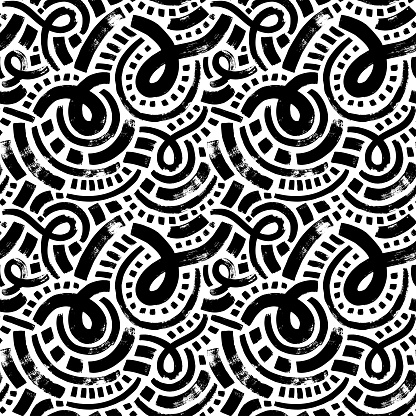 Bold curved lines with small squares seamless pattern. Brush drawn organic geometric background. Grunge vector ornament with messy doodles, bold wavy lines, black curly strokes.