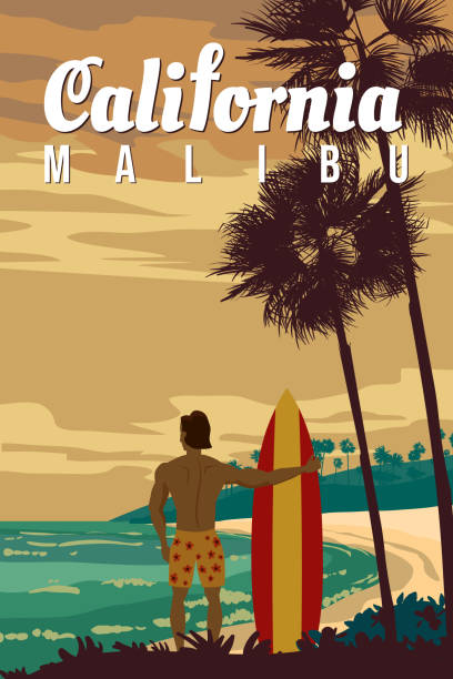 ilustrações, clipart, desenhos animados e ícones de vntage califórnia malibu beach vetor de cartaz de viagem retro - beach sunlight surfboard santa claus