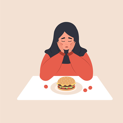 Eating disorder. Sad arabian woman looks at hamburger and worries about being overweight. Overeating, bulimia, anorexia. Food addiction concept. Vector illustration in flat cartoon style.