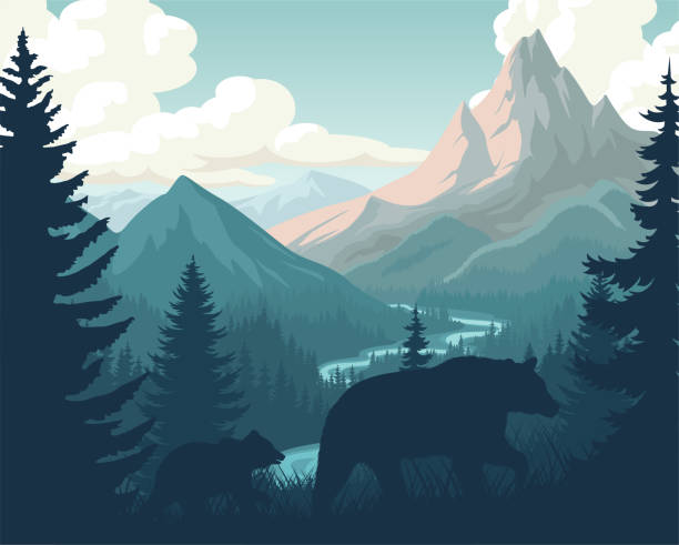 река вектор в горах с семьей черного медведя - scenics landscape valley switzerland stock illustrations