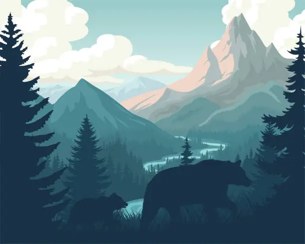 Vector illustration of vector river in mountains with black bear family