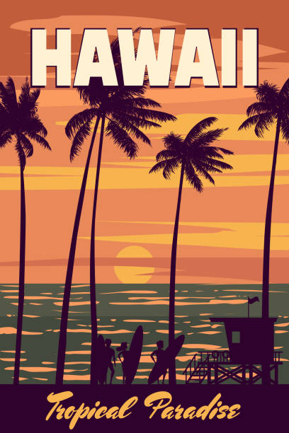 illustrations, cliparts, dessins animés et icônes de affiche de voyage vintage hawaïenne. surfeurs de plage au coucher du soleil, - hawaii islands big island beach hawaiian culture