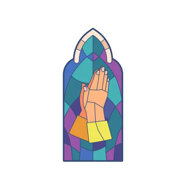 Vector illustration of Stained Glass Window Depicts Prayer Hands In Colorful Mosaic, Radiating An Aura Of Devotion And Serenity