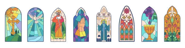 Vector illustration of Vibrant Stained Windows Set Featuring Intricate Designs And Rich Colors, Casting Mesmerizing Patterns